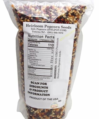 Bag of heirloom popcorn seeds with nutrition facts.
