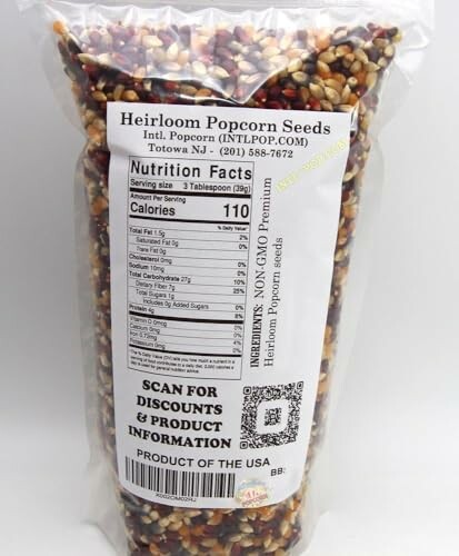 Bag of heirloom popcorn seeds with nutrition facts label.
