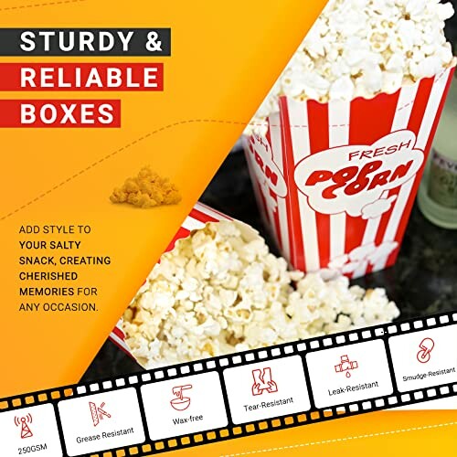 Popcorn box advertisement highlighting sturdy, reliable features.