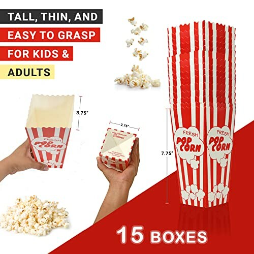 Set of 15 red and white striped popcorn boxes with popcorn.