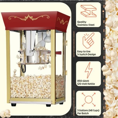 Red and gold vintage popcorn machine with features listed.